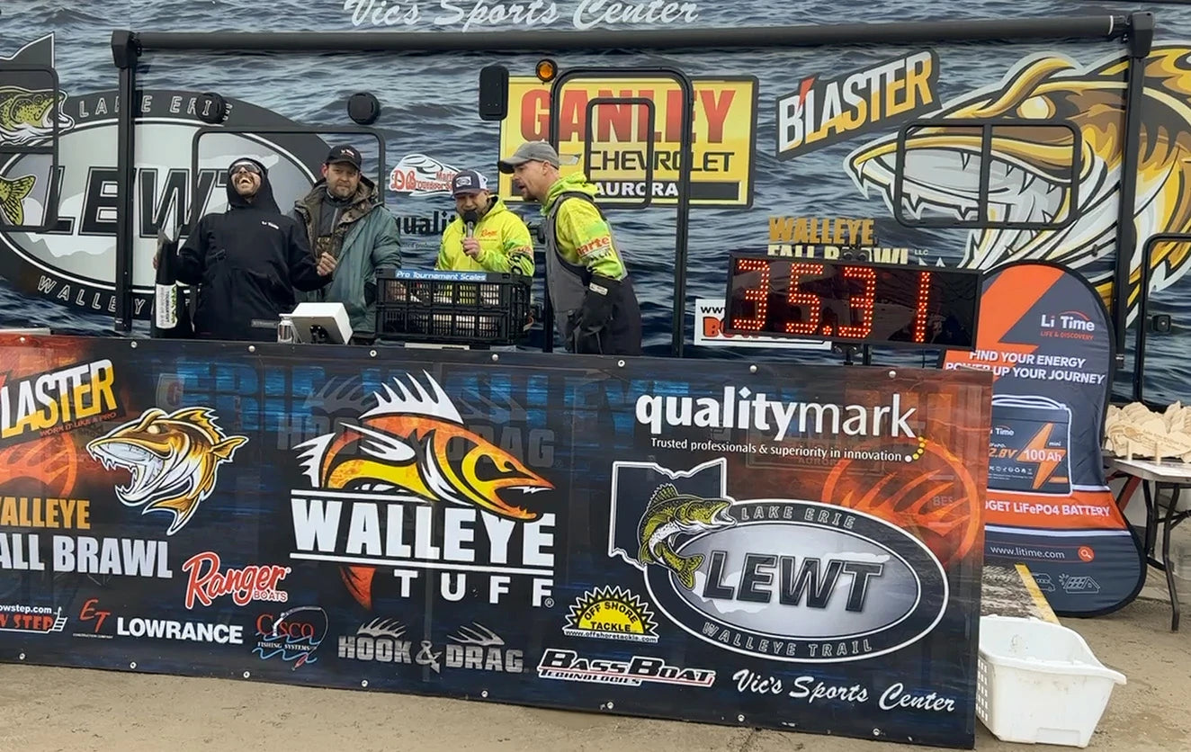 Anglers celebrate a 35.31 lb weigh-in on the LEWT stage, with a Li Time sponsor banner
