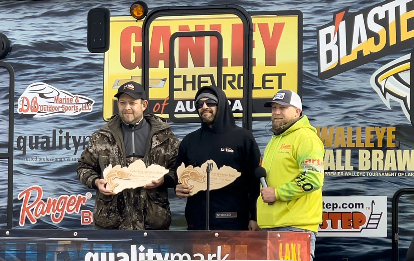 A winning team, one angler wearing a Li Time hoodie, is interviewed on stage at the Lake Erie Walleye Trail event