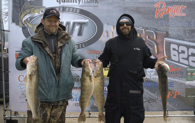 Two anglers hold up their winning catch of walleye at the Lake Erie Walleye Trail (LEWT) event