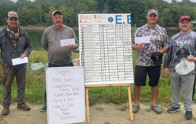The winning teams from the Electric Bass Anglers event pose with their prizes next to the final tournament leaderboard