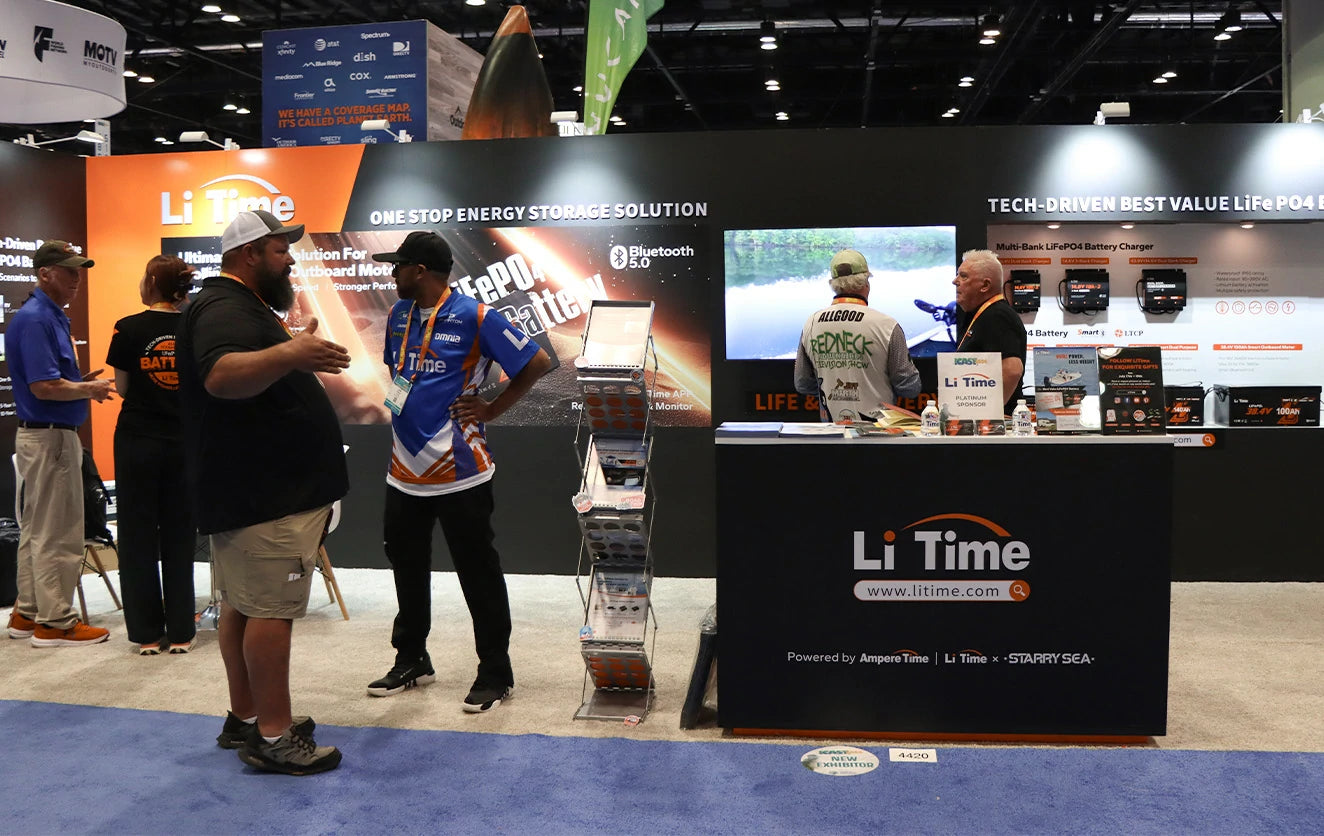 The bustling LiTime booth at the ICAST trade show, with staff members engaging with attendees about their products