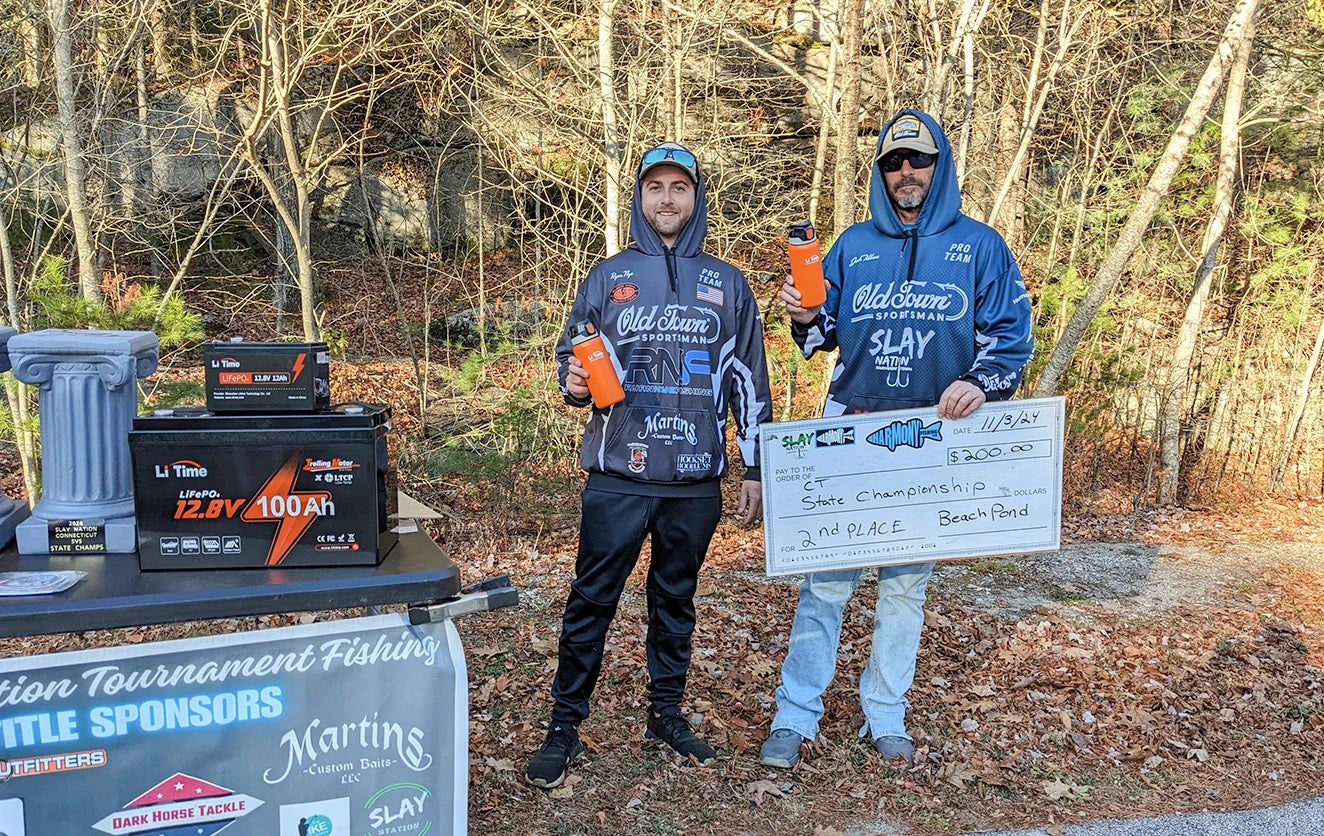The 2nd place team at the CT State Championship poses with their prize check next to a display of LiTime batteries