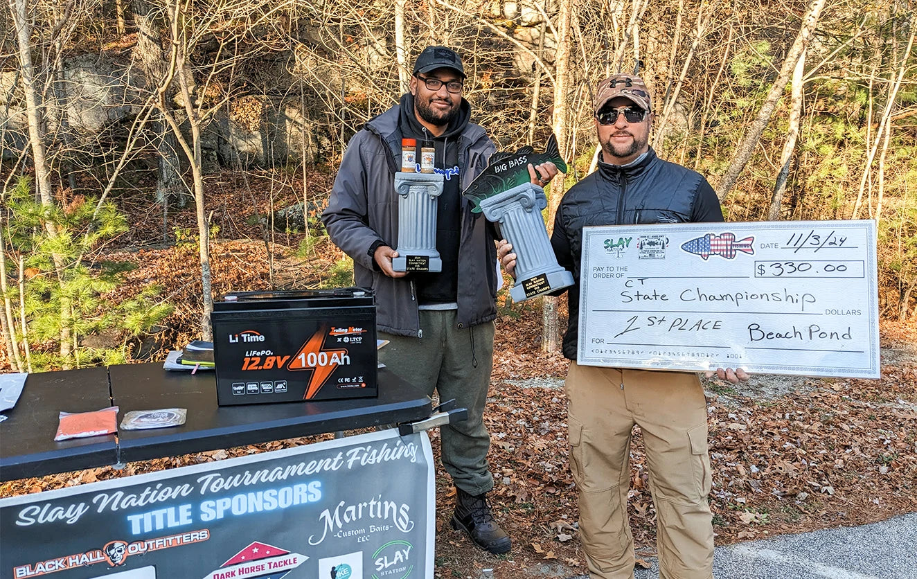 The 1st place team at the CT State Championship poses with their prize check next to a display of LiTime batteries