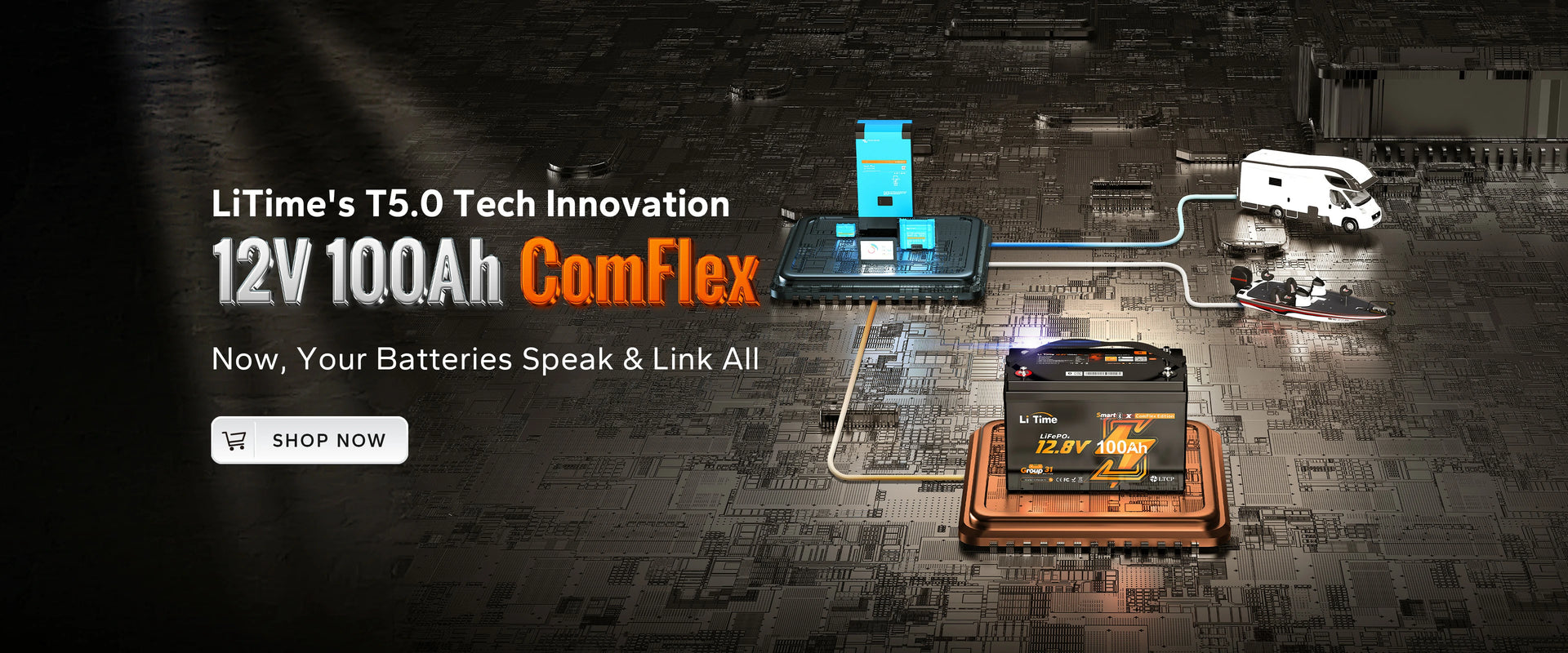 banner of litime 12v 100ah comflex lifepo4 battery featuring litime's 5.0 tech innovation