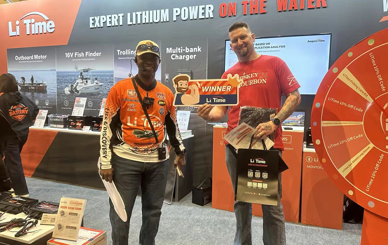 customer holding 'Li Time WINNER' sign with an angler at the Li Time booth during bass master event