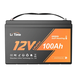 A front view of the Li Time 12V 100Ah self-heating LiFePO4 battery