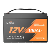 A front view of the Li Time 12V 100Ah self-heating LiFePO4 battery