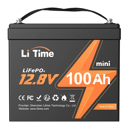 a front view of the Li Time 12V 100Ah mini LiFePO4 battery