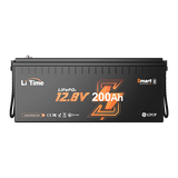 A front view of the Li Time 12.8V 200Ah Smart Bluetooth LiFePO4 battery
