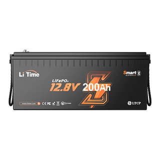 A front view of the Li Time 12.8V 200Ah Smart Bluetooth LiFePO4 battery