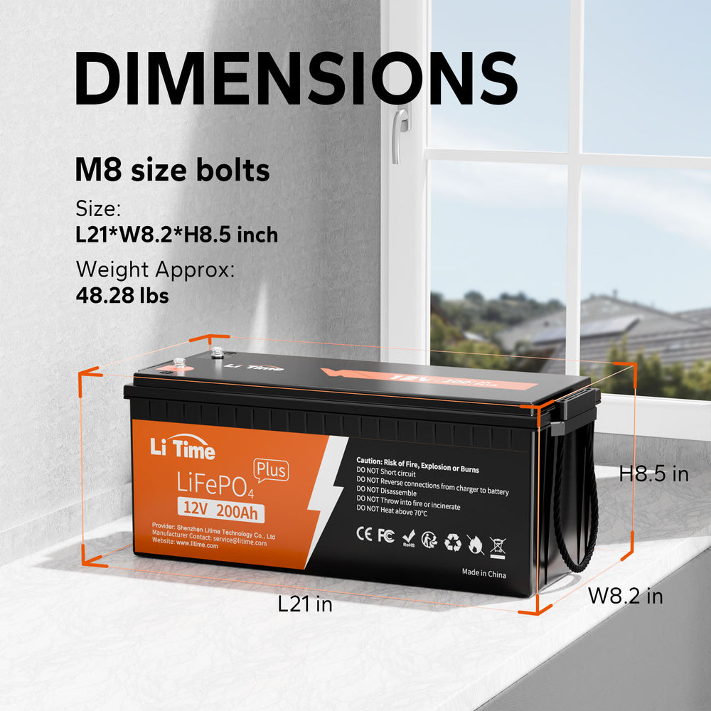 dimension information of litime 12v 200ah plus lithium lifepo4 battery:21*8.2*8.2 in