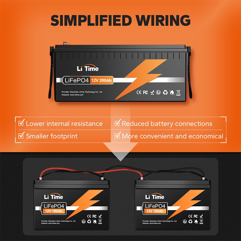 simplified wiring with litime 12v 200ah compared to two 12v 100ah lifepo4 battery