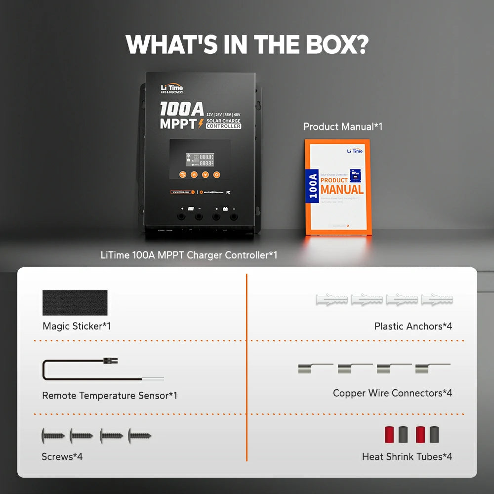 package information of litime 100a mppt solar charge controller: manual, screws,wire connectors and more