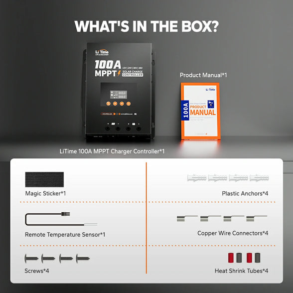 package information of litime 100a mppt solar charge controller: manual, screws,wire connectors and more
