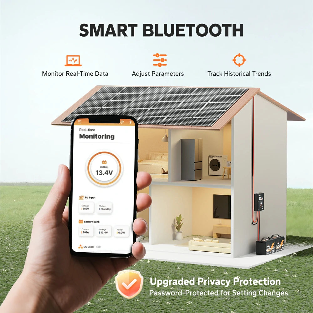 LiTime 100A MPPT solar charge controller with smart Bluetooth for real-time monitoring, parameter adjustment, and privacy protection