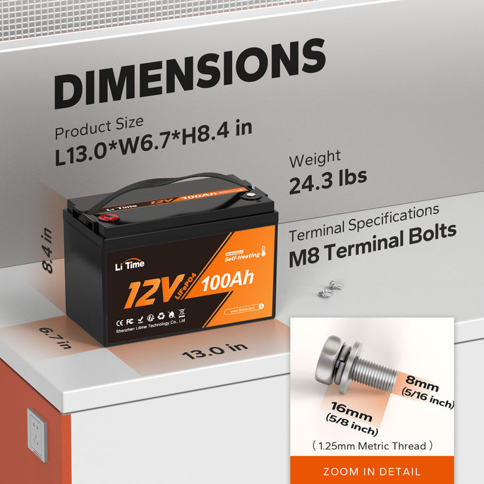 dimensions for 12 volt 100ah self heating lithium battery