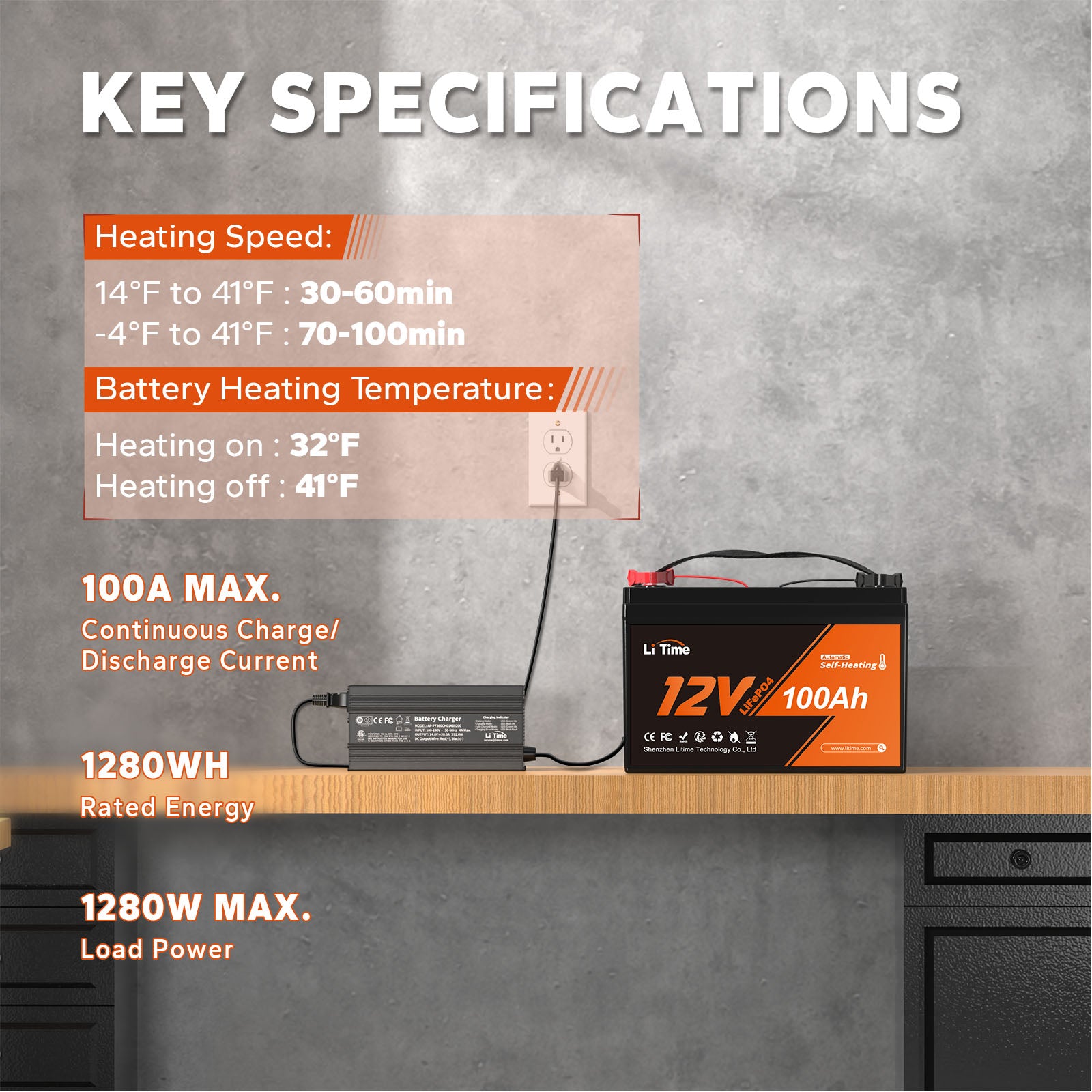 key specifications for 12 volt 100ah self heating lithium battery