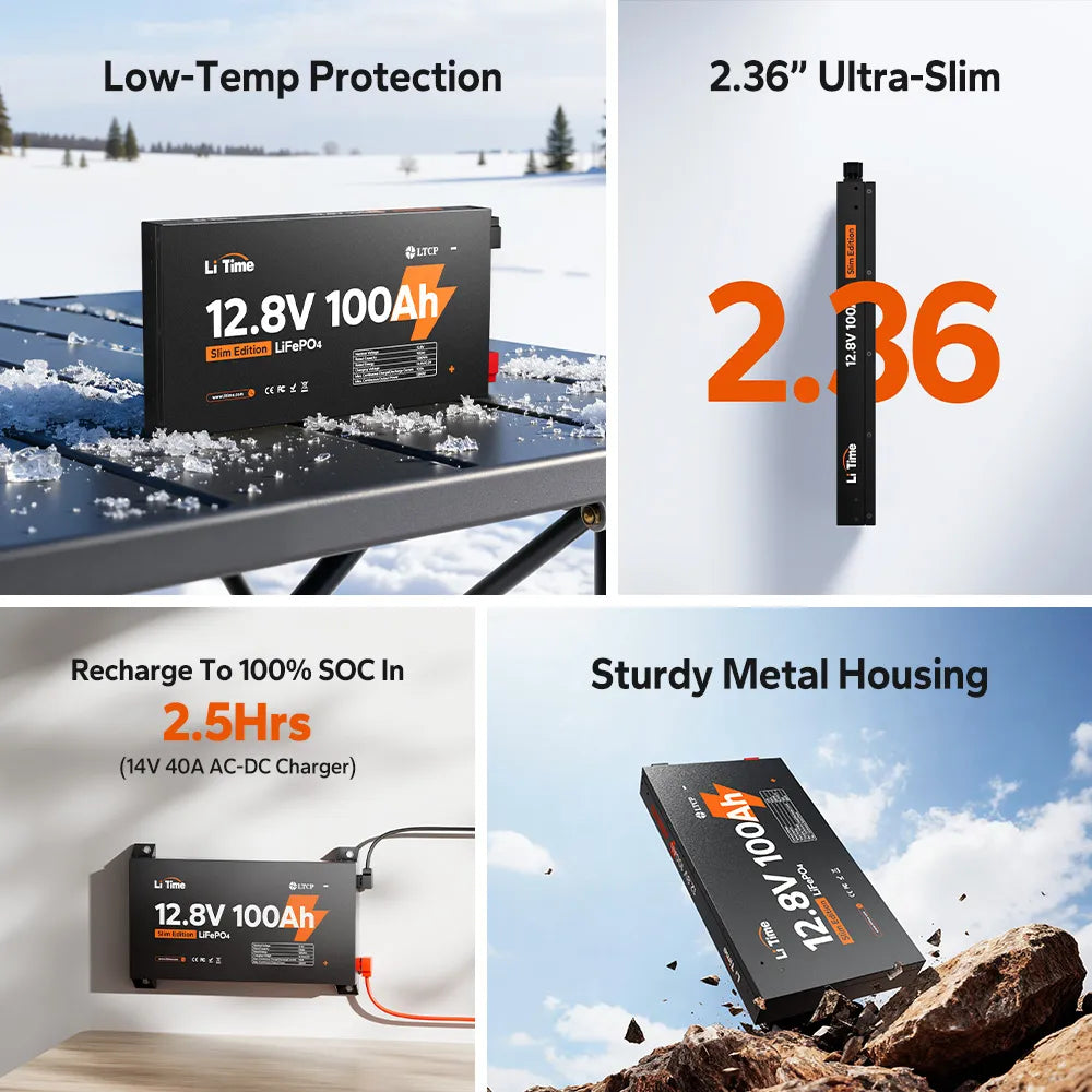 LiTime 12V 100Ah Slim LiFePO4 Lithium Metal Case Deep Cycle Battery