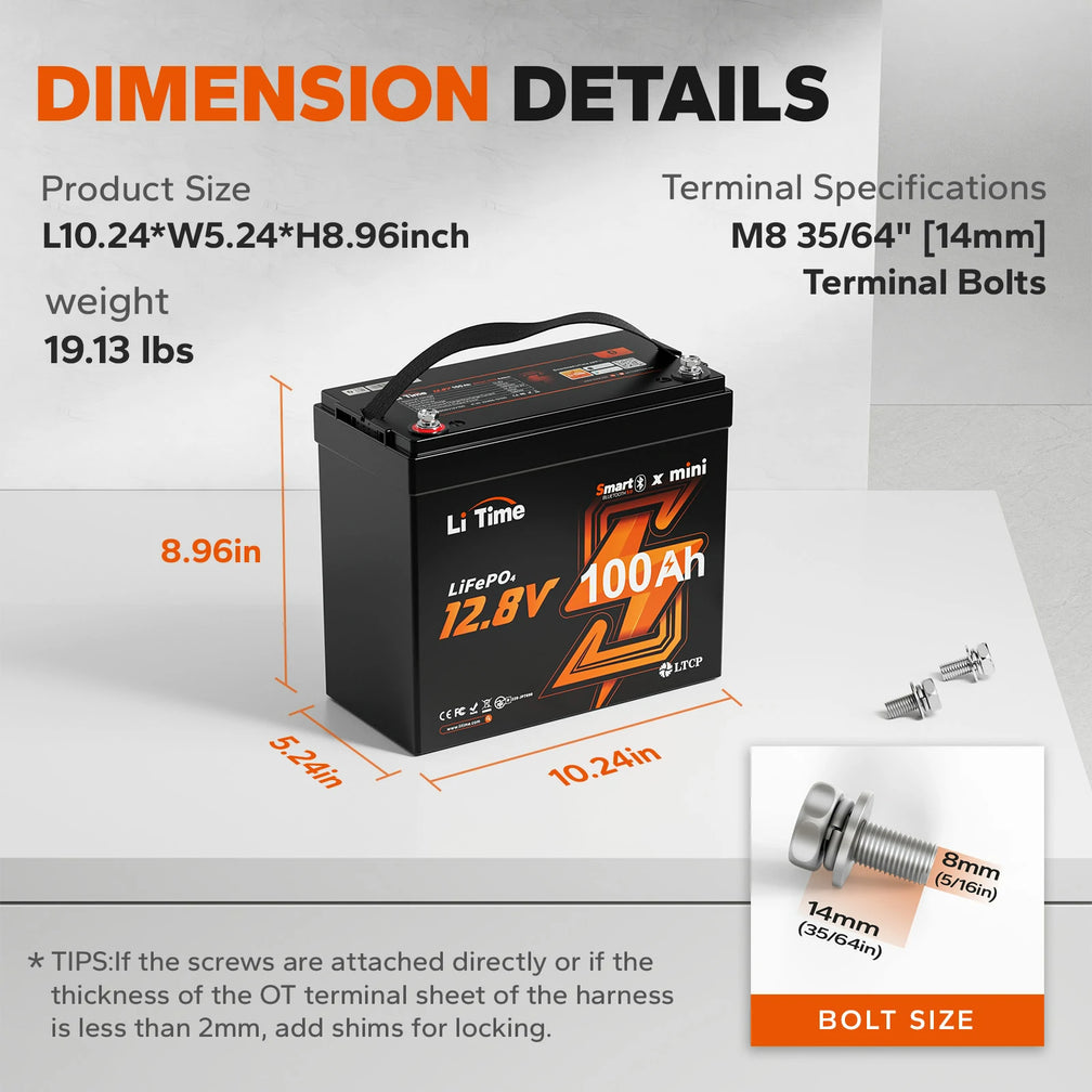 LiTime Mini Bluetooth battery dimensions: 10.24x5.24x8.96in, 19.13lbs, M8 terminals with bolt size guide