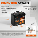 LiTime Mini Bluetooth battery dimensions: 10.24x5.24x8.96in, 19.13lbs, M8 terminals with bolt size guide