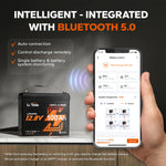 LiTime mini 12.8V 100Ah Bluetooth lithium battery: smart app monitoring (voltage/SoC), auto-connect, remote discharge control