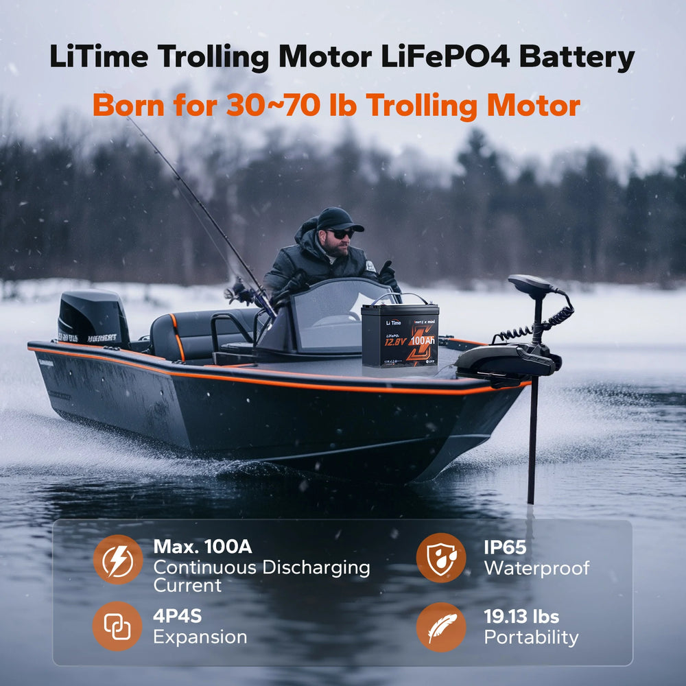 litime 12V 100Ah mini smart lithium battery: for 30-70lb motors, 100A discharge, IP65 waterproof, 19.13lbs