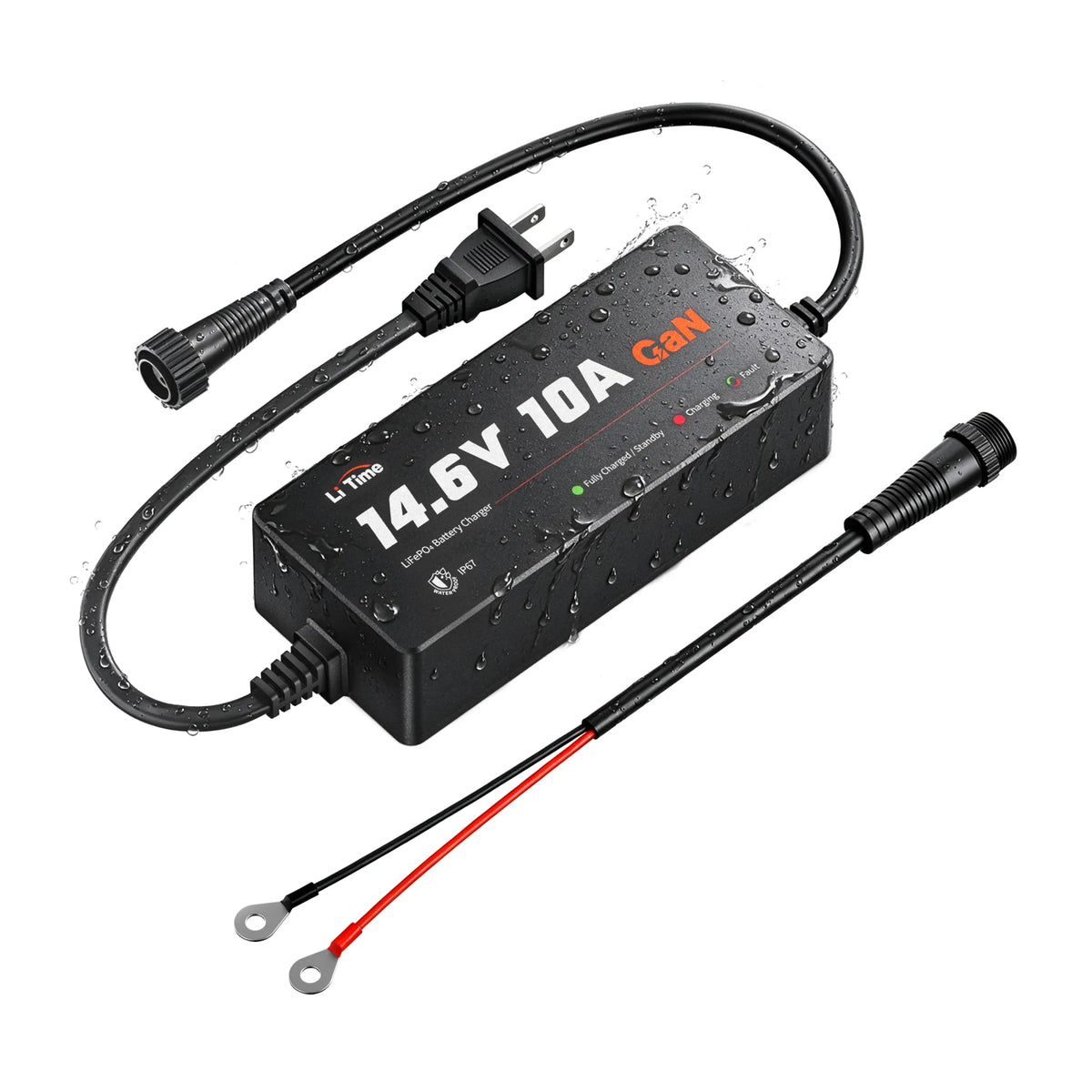 LiTime 12.8V（14.6V）10A GaN LiFePO4 battery charger with IP67 waterproof housing, AC power cord, and ring terminal charging cable on a white background.