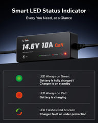 LED indicators on LiTime 12.8V（14.6V） 10A GaN charger showing charging, standby and protection status