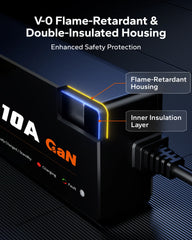 LiTime 12.8V 10A GaN battery charger featuring a V-0 flame-retardant housing and double-layer insulation for enhanced electrical safety.