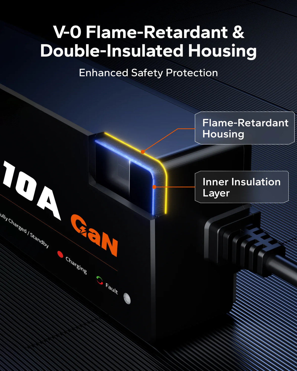 LiTime 12.8V 10A GaN battery charger featuring a V-0 flame-retardant housing and double-layer insulation for enhanced electrical safety.