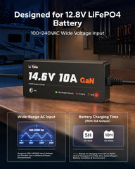 LiTime 12.8V（14.6V）10A GaN charger providing efficient charging for 12V LiFePO4 batteries