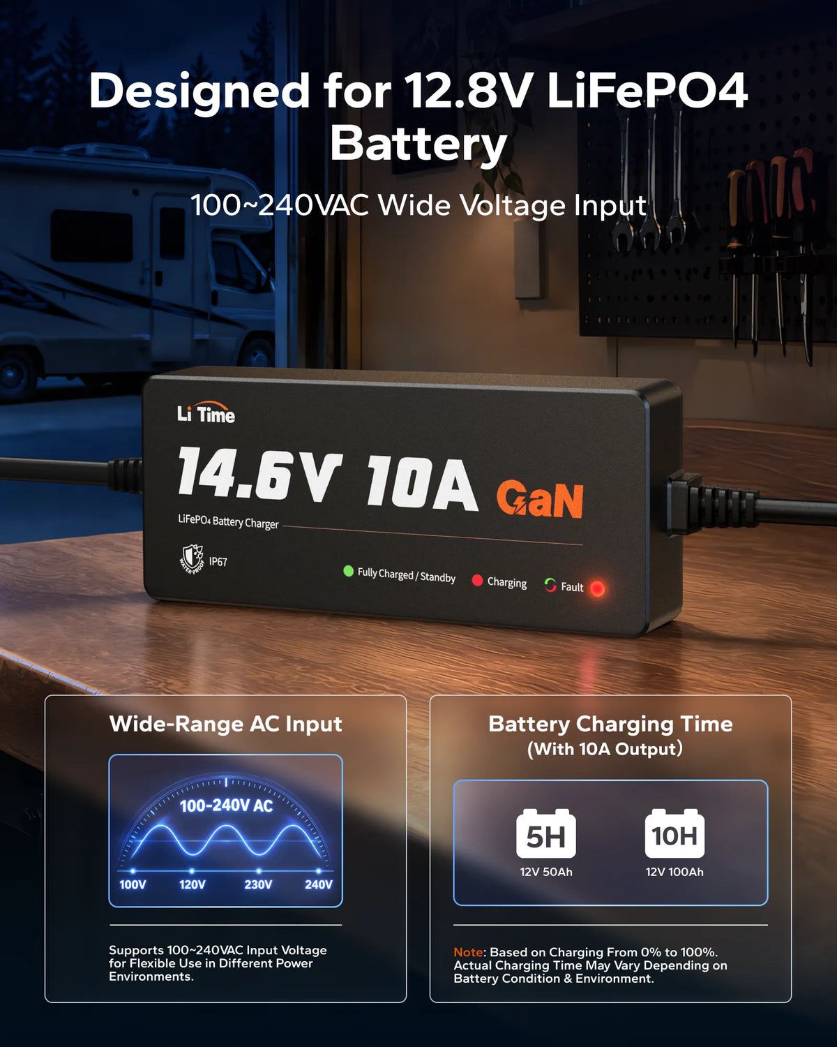 LiTime 12.8V（14.6V）10A GaN charger providing efficient charging for 12V LiFePO4 batteries