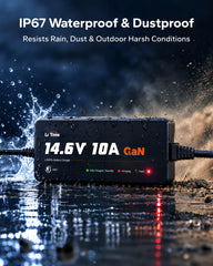 IP67 waterproof LiTime 12.8V（14.6V） 10A GaN battery charger designed for wet and dusty outdoor environments