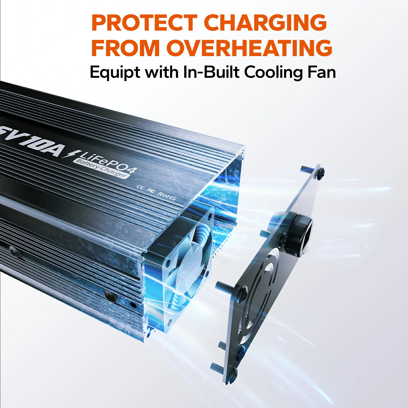 LiTime 12v 10a lifepo4 battery charger with build in fan to protect overheating