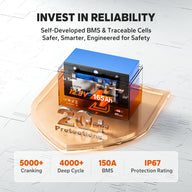 Li Time 165Ah battery showing its 150A BMS, IP67 rating, and 4000+ deep cycle life