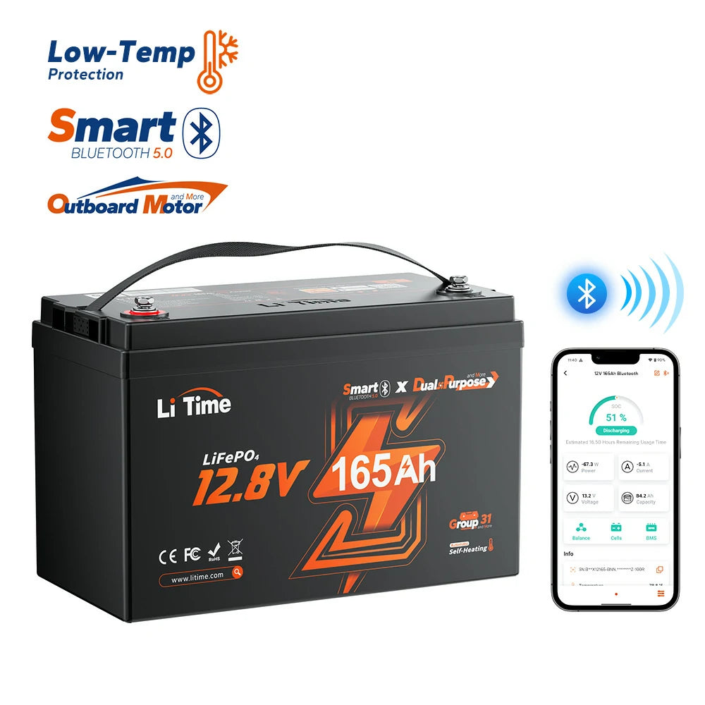 LiTime 12V 165Ah Dual Purpose Marine Lithium Battery with smart self-heating for starting and deep cycle use