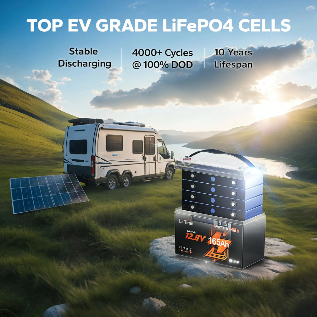  LiTime 12V 165Ah lithium battery: EV-grade cells, 4000+ cycles, 10-year lifespan, stable discharging