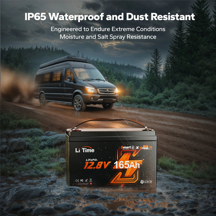 IP65 waterproof & dust resistant feature of litime 12v 165ah bluetooth lithium battery 