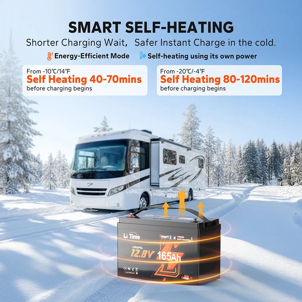 LiTime 12V 165Ah Group31 smart dual‑mode self‑heating LiFePO4 small deep cycle battery for cold‑weather RV and off‑grid camping