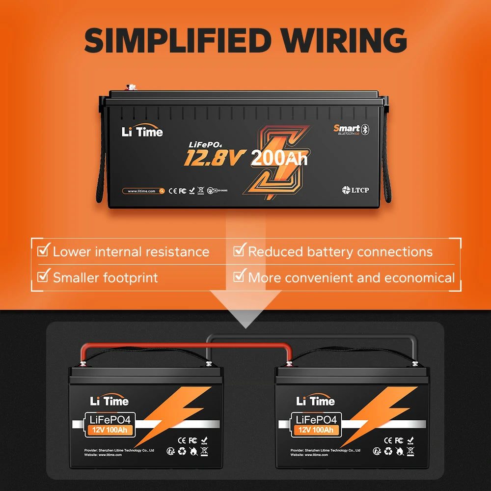one 12V 200Ah lithium battery equals to two 12V 100Ah batteries 