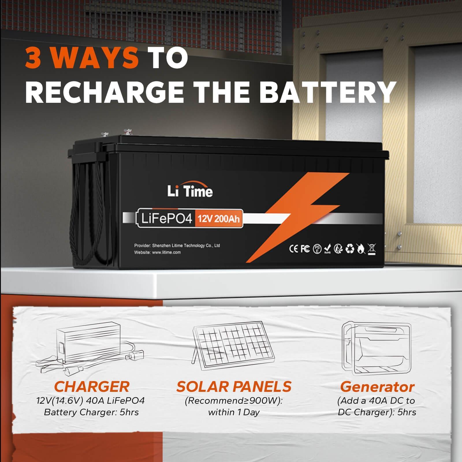 charging methods of 12v 200ah lifepo4 lithium battery: lifepo4 charger, solar panels, generator