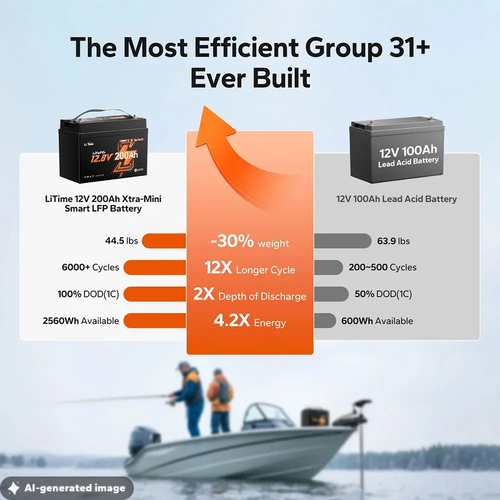 LiTime 12V 200Ah Xtra Mini Group 31  Lithium Battery for Marine and Trolling Motor