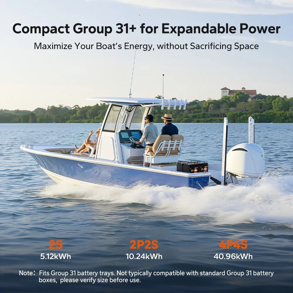 LiTime 12V 200Ah Xtra Mini LiFePO4 lithium battery (Group 31+) on a boat—expandable marine power up to 4P4S.