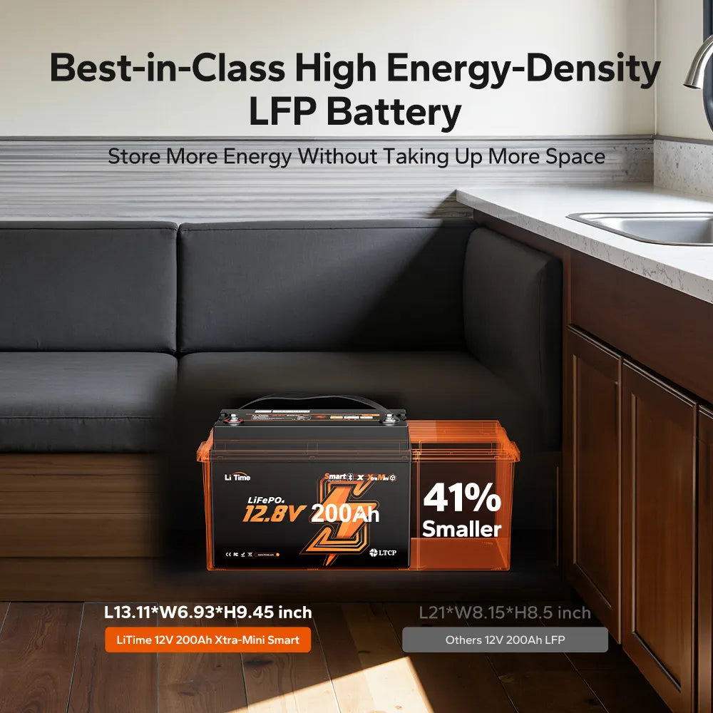 LiTime 12V 200Ah Xtra rv Mini deep cycle battery, 41% smaller footprint than standard 200Ah LFP.