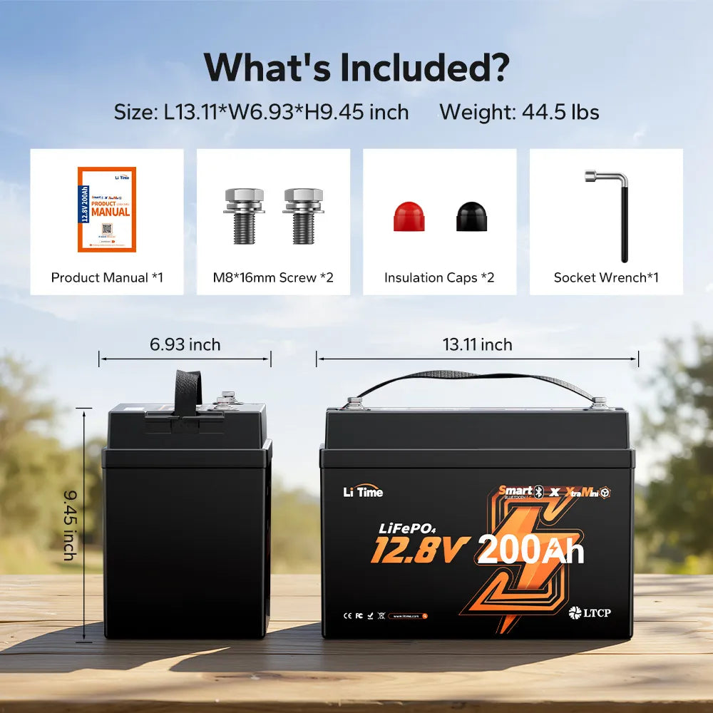 Dimensions and included items for LiTime 12.8V 200Ah xtra mini LiFePO4 lithium battery