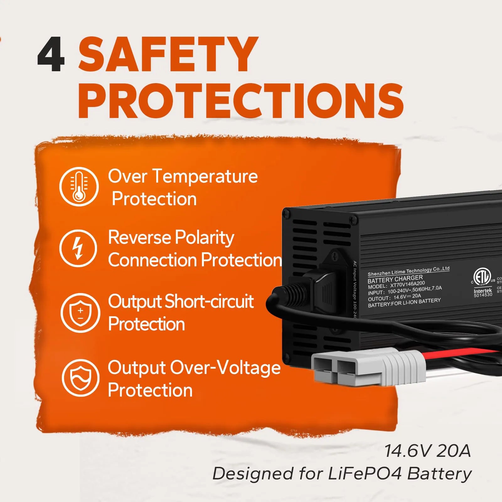 LiTime  12V (14.6V) 20A LiFePO4 Charger – For 12V LiFePO4 Batteries