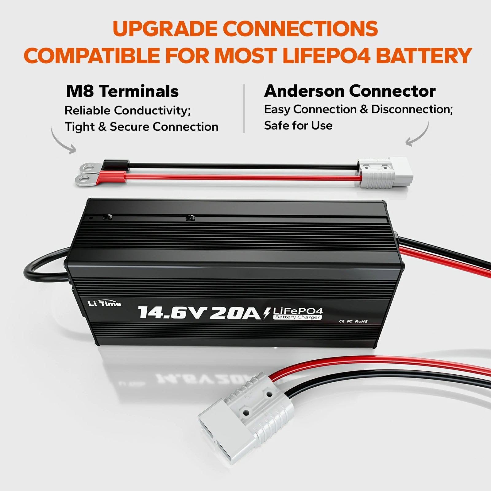 litime 20A battery charger with M8 terminals and anderson connectors
