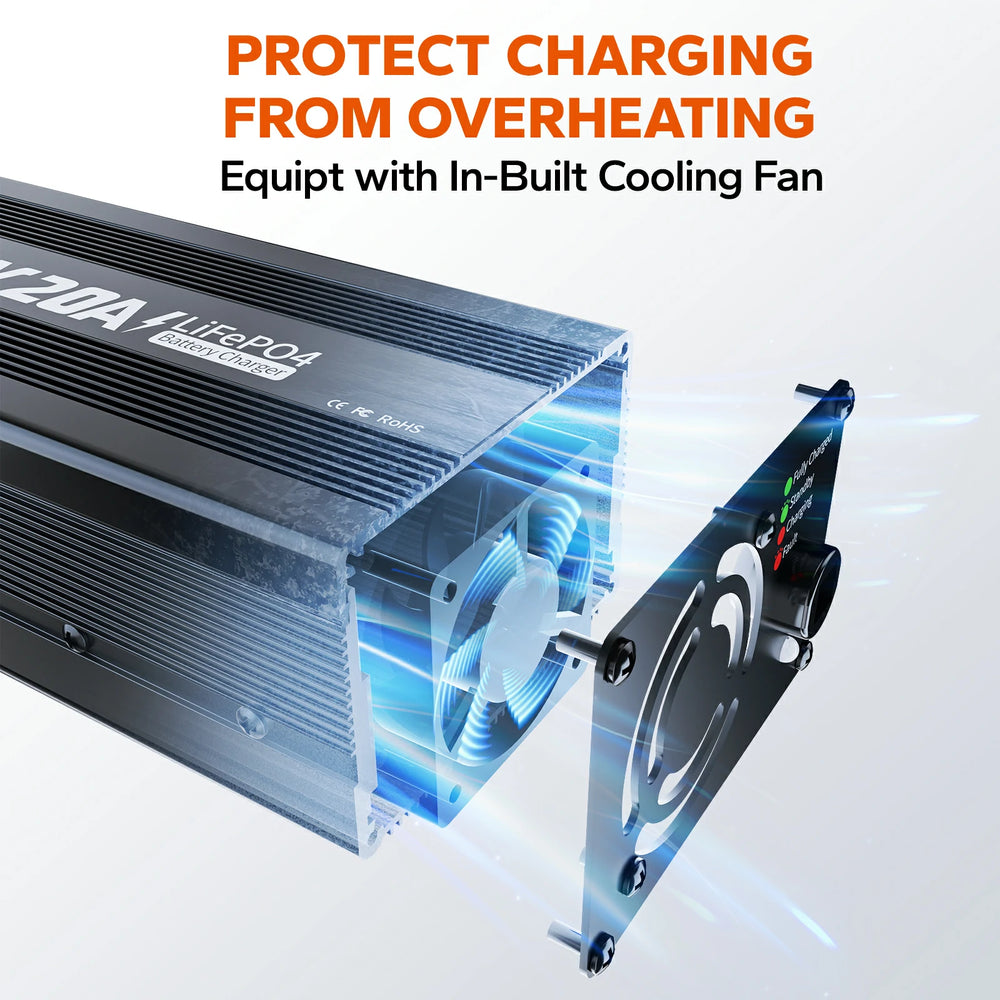 litime 12v 20a lifepo4 battery charger with built-in cooling fan to protect overheating charging 