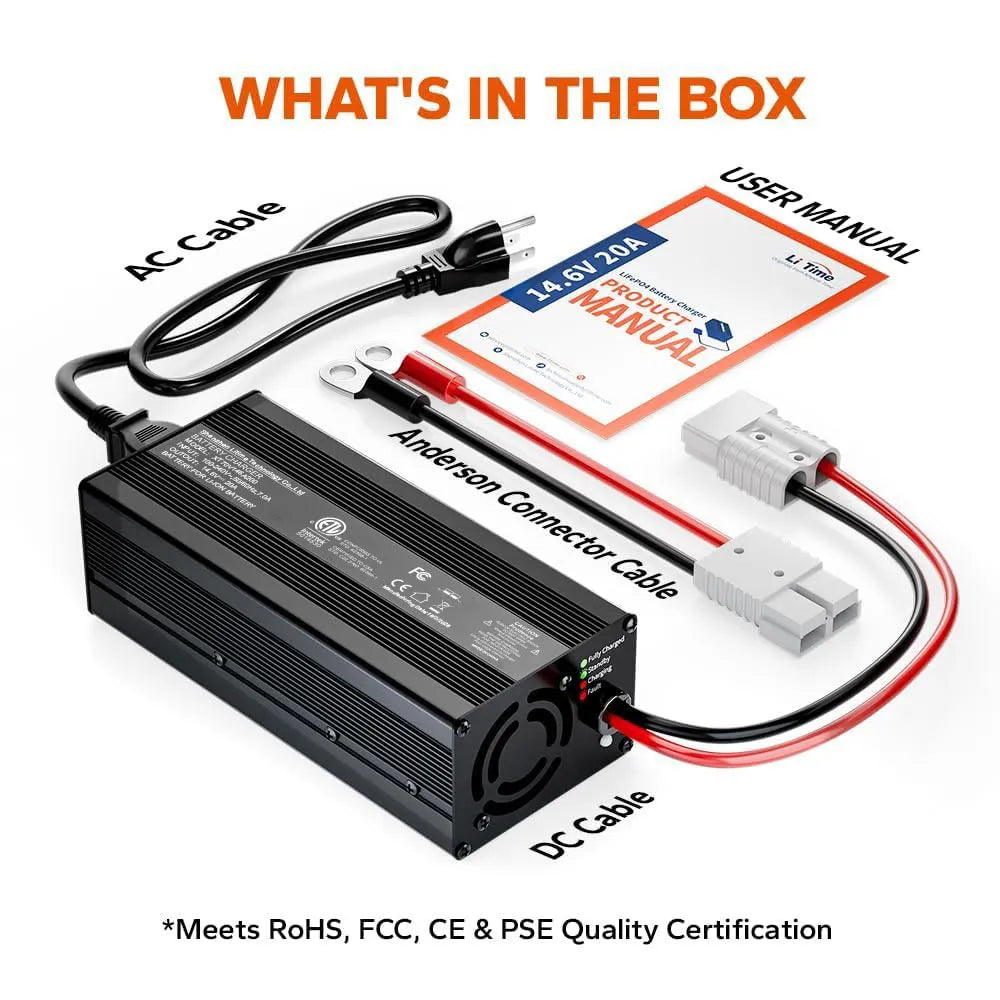 LiTime  12V (14.6V) 20A LiFePO4 Charger – For 12V LiFePO4 Batteries
