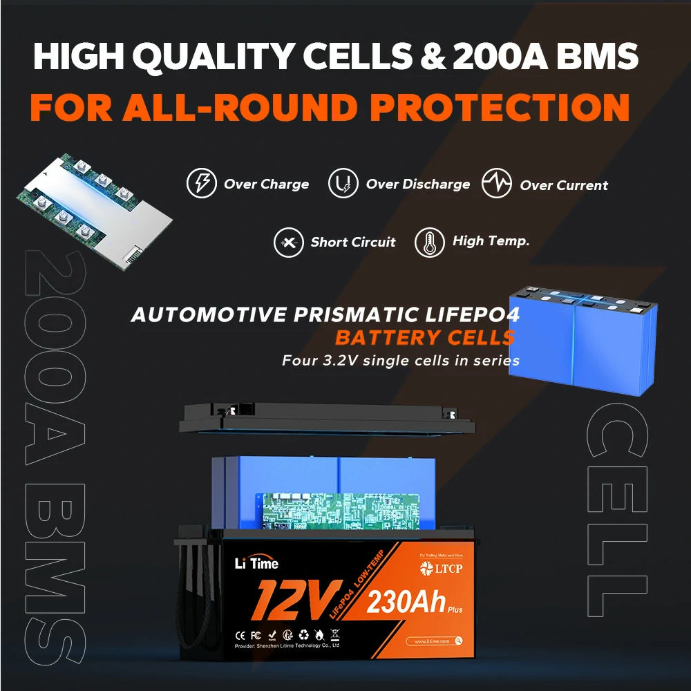 【Pre-Order】LiTime 12V 230Ah Plus Low-Temp Protection LiFePO4 Battery, Built-in 200A BMS, Max 2944Wh Energy